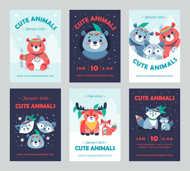 Desenhos de convite de festa de celebração colorida com animais tribais. Convites criativos de férias com animais usando acessórios