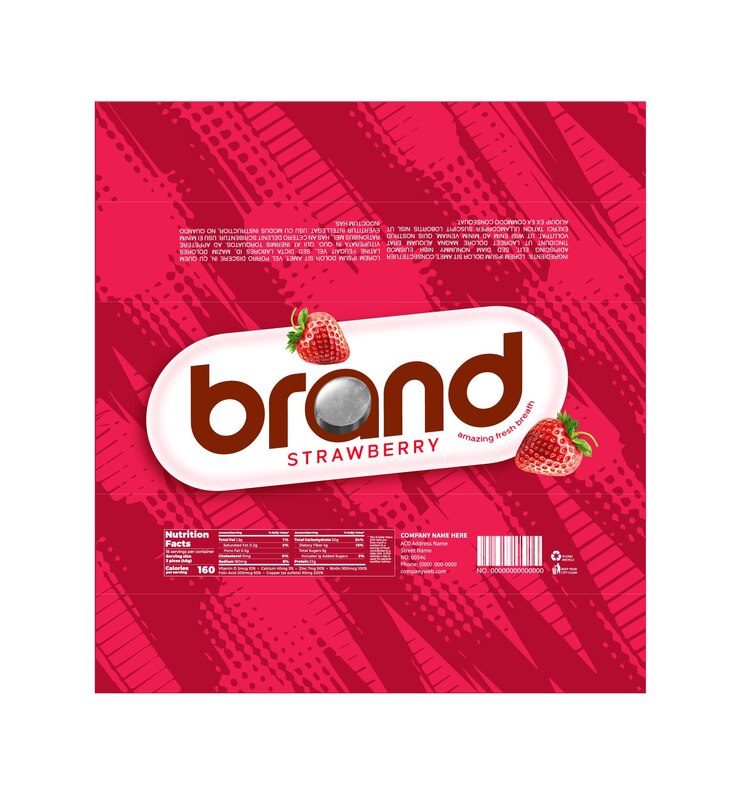 Vetor desenhos de embalagens de candygum com sabor de morango doce e suculento