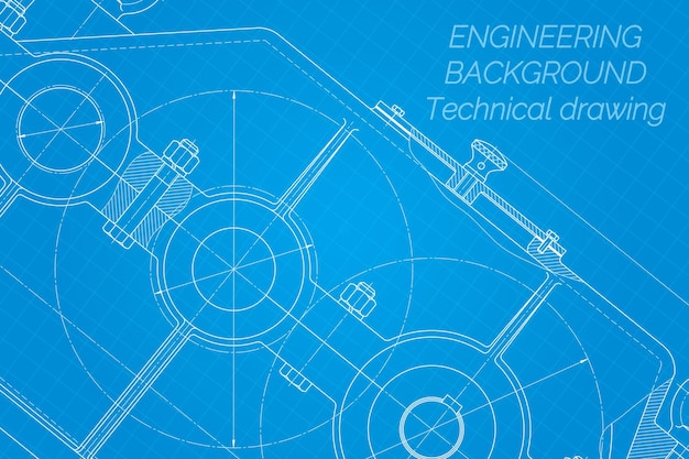 Vetor desenhos de engenharia mecânica em fundo azul desenho técnico do redutor capa blueprint ilustração vetorial