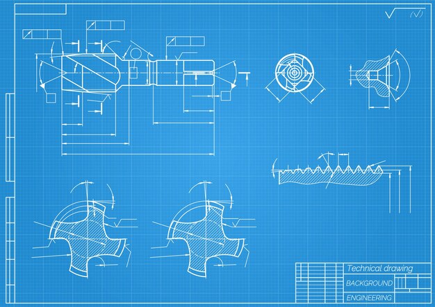 Vetor desenhos de engenharia mecânica em fundo azul ferramentas de toque perfurador desenho técnico capa projeto ilustração vetorial