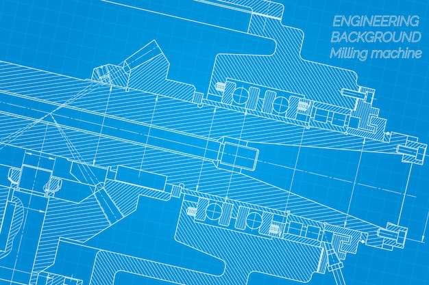 Desenhos de engenharia mecânica em fundo azul fuso da máquina de fresagem projeto técnico da capa projeto