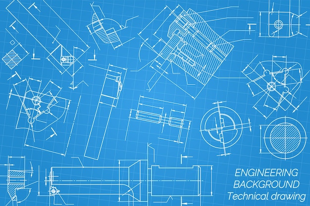 Vetor desenhos de engenharia mecânica em fundo azul torneira ferramentas broca ferramentas de corte fresa design técnico capa blueprint vetor ilustração