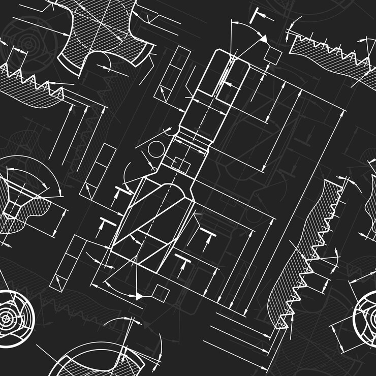 Vetor desenhos de engenharia mecânica em fundo preto ferramentas de torneira desenho técnico capa plano padrão sem costura ilustração vetorial