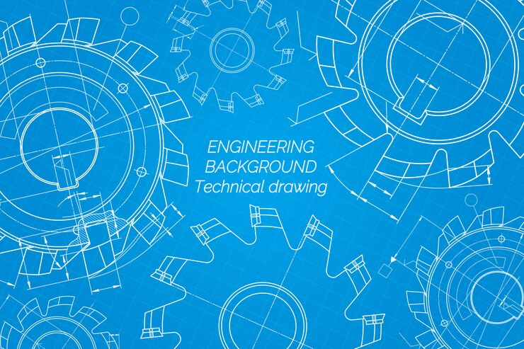 Desenhos de engenharia mecânica no fundo azul. Ferramentas de corte, fresa. Design técnico. Blueprint Ilustração vetorial