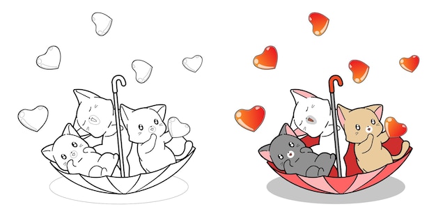 Desenhos de gatos bonitos no guarda-chuva com chuva de amor desenho para colorir