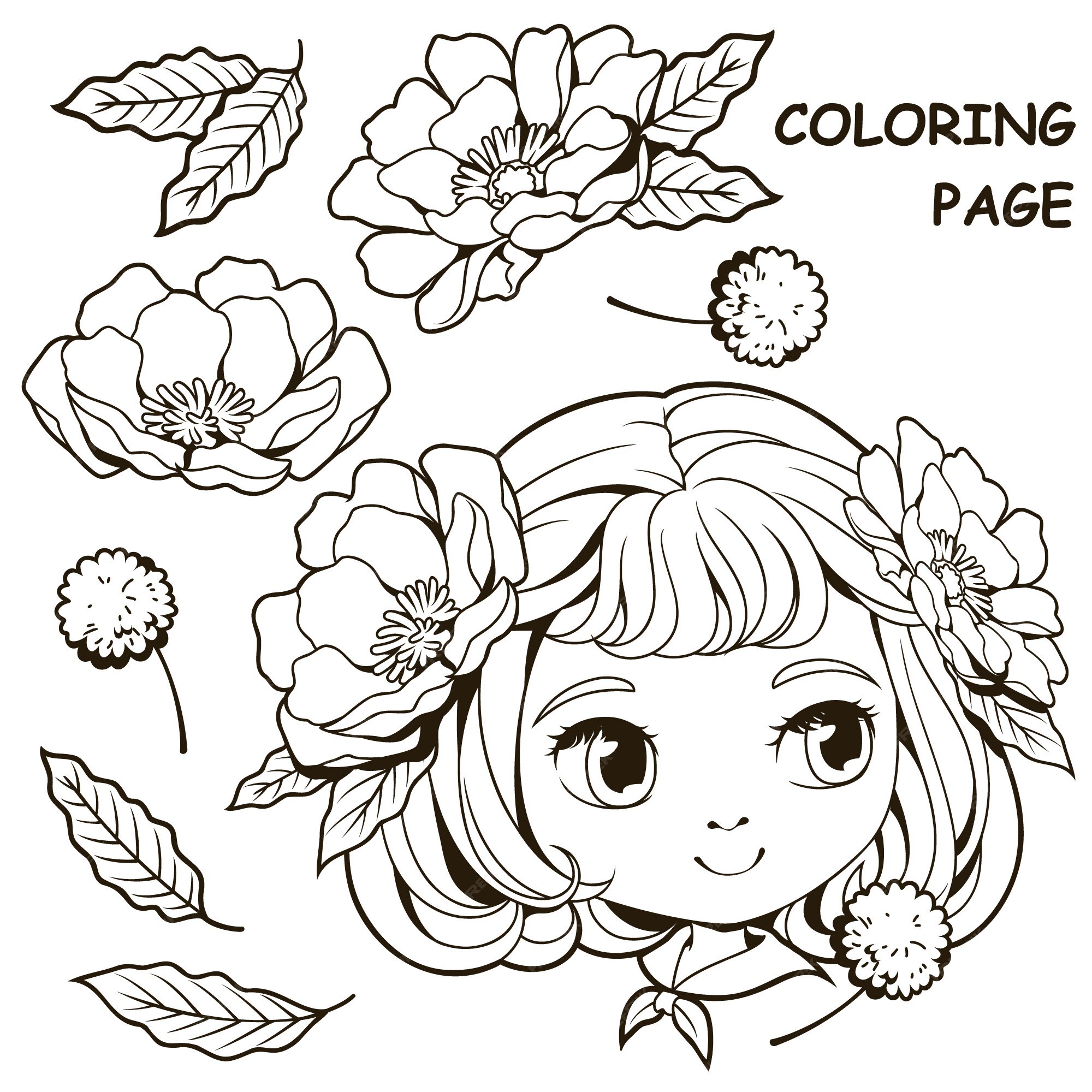 Desenho de Garota de desenho animado com flor para colorir