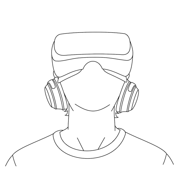 Desenhos de linha de ilustração de um jovem usando óculos de realidade virtual posição da cabeça olhou para cima