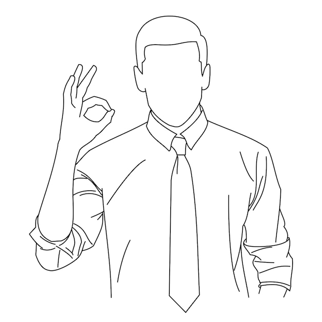 Desenhos de linha de ilustração um jovem macho mostrando sinal de ok bom trabalho, como ele feedback positivo