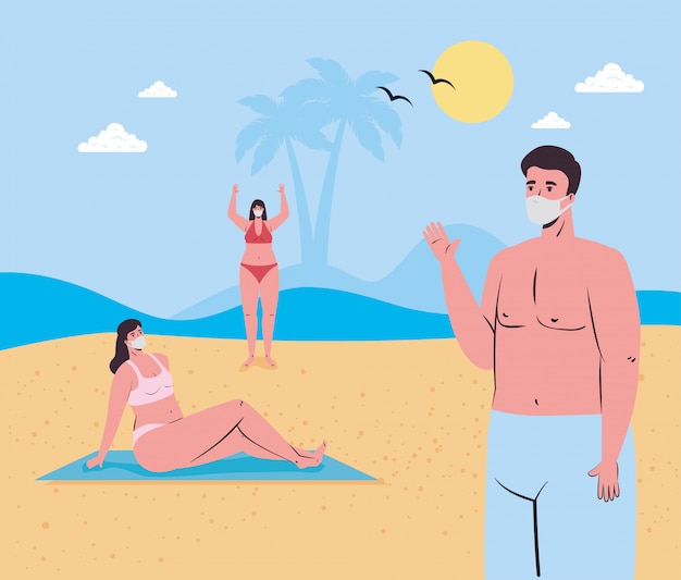 Desenhos de meninas e meninos com máscaras médicas na praia vector design