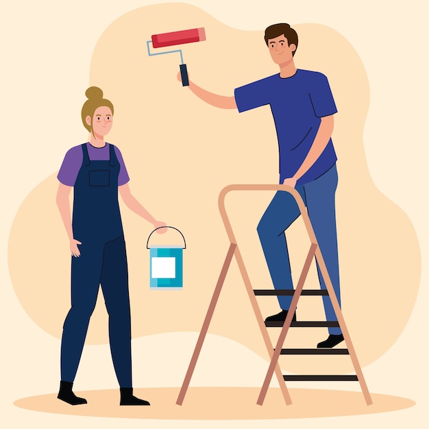 Desenhos de mulher e homem pintando com balde de rolo e desenho de escada de remodelação, construção, trabalho e reparo