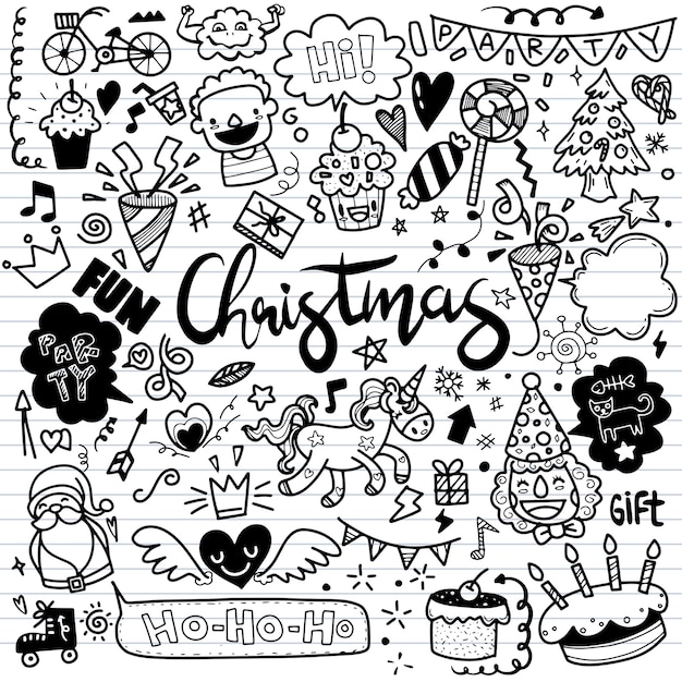 Desenhos de natal bonitos desenhados à mão, conjunto de elemento de design de natal em estilo doodle, conjunto de desenhos animados de doodle desenhado à mão esboçado de objetos sobre o tema feliz natal, cada um em uma camada separada.