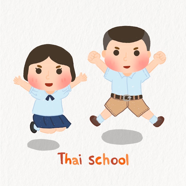 Desenhos de personagens de desenhos animados estudantes tailandeses pulando de alegria