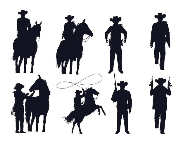 Desenhos de silhuetas de caubóis com armas e cavalos de design de ilustração vetorial