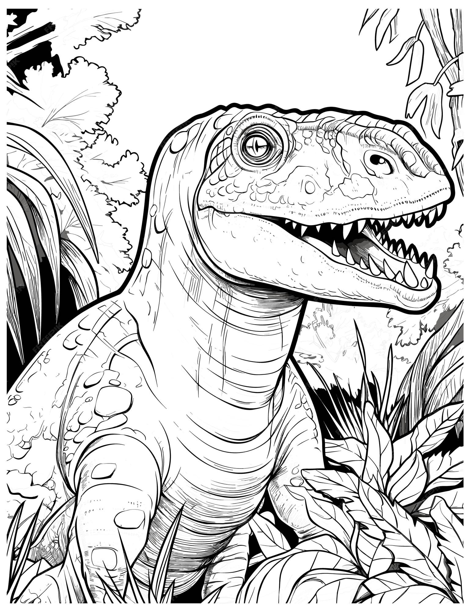 desenho para colorir para crianças, dinossauro em uma selva, de