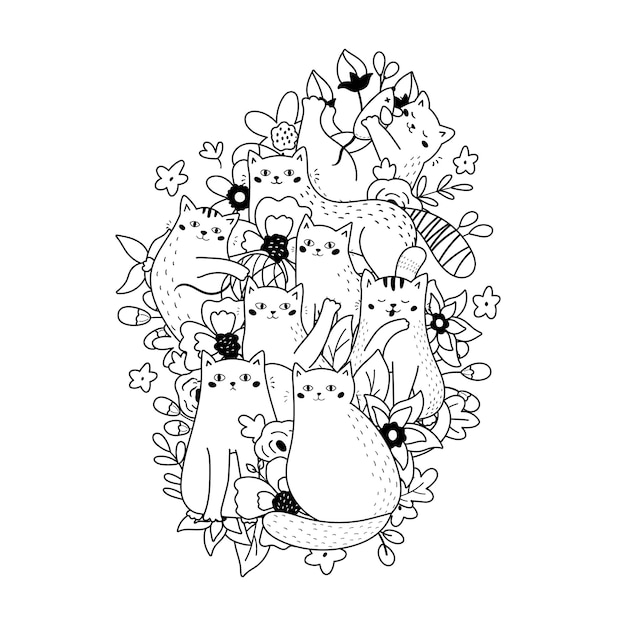 Desenhos para colorir com gatos engraçados e flores