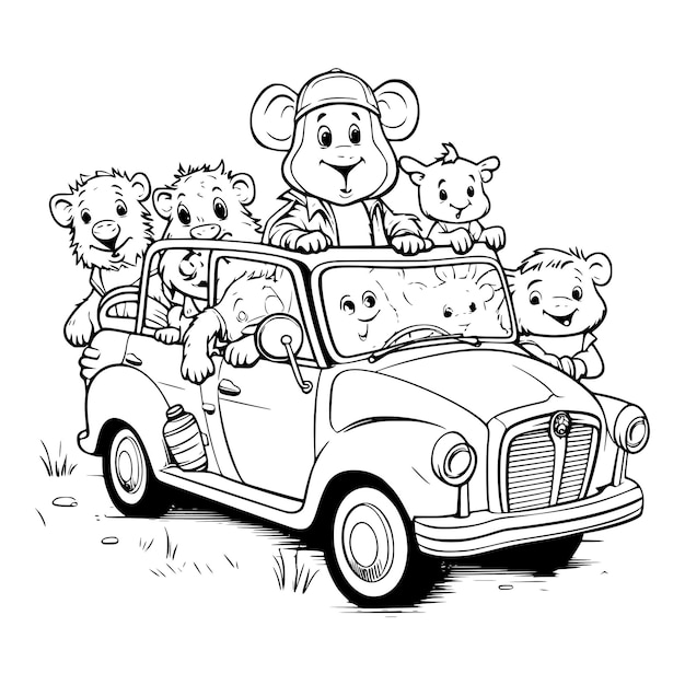 Desenhos para colorir de animais andando de carro para crianças