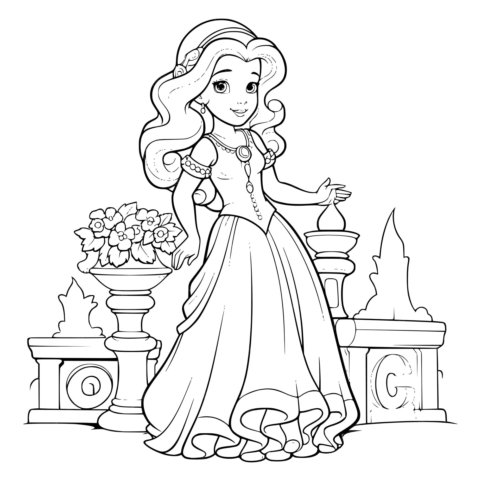 Desenho de uma linda princesa no jardim para colorir