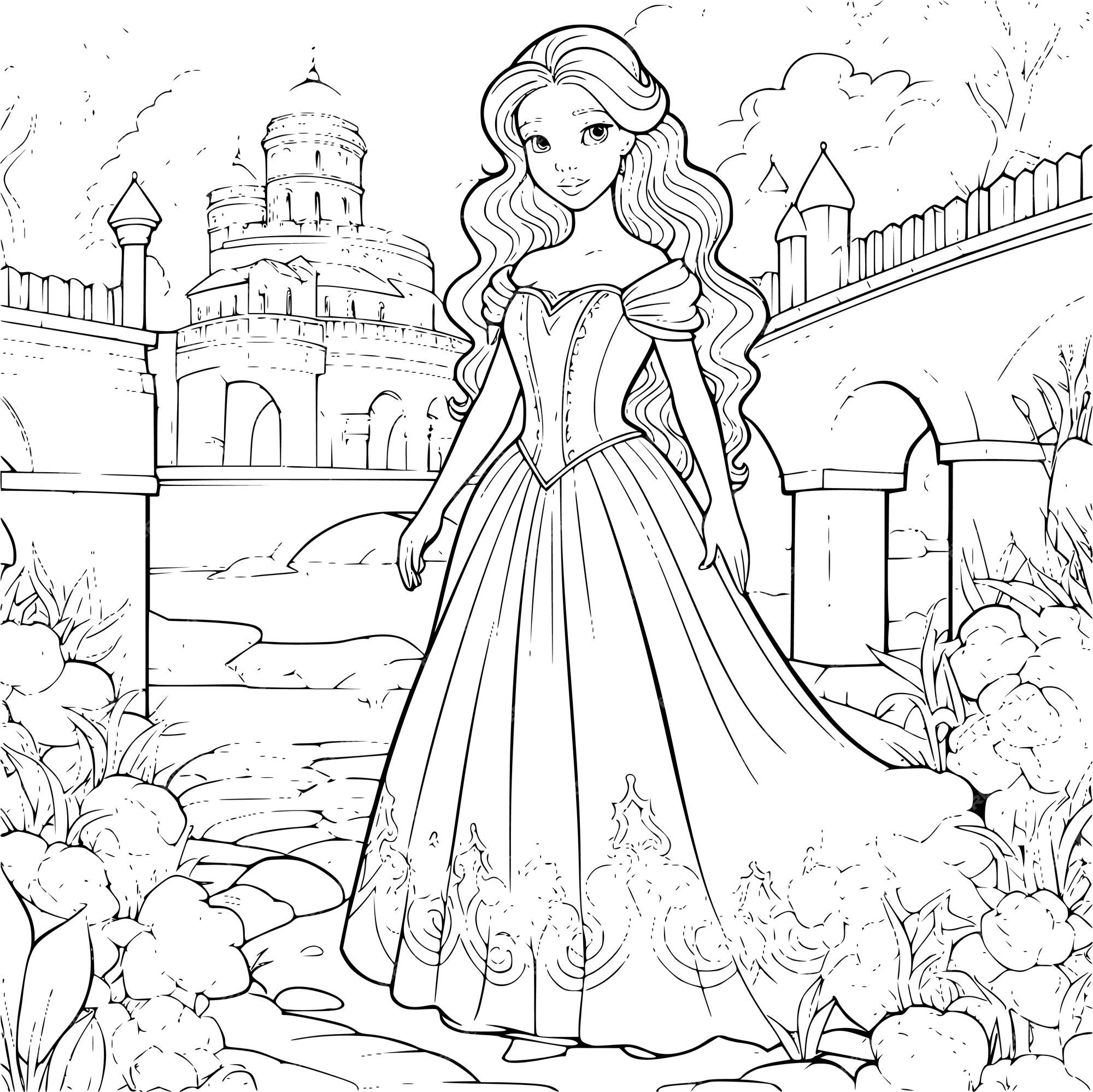 Desenho de uma linda princesa no jardim para colorir