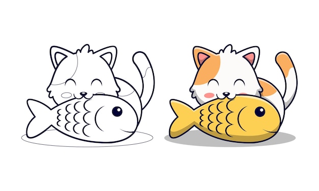 Desenhos para colorir para crianças, gato fofo comendo peixe