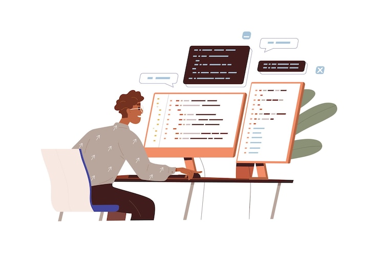 Vetor desenvolvedor de software trabalha com código de programa. programador e monitores com script de linguagem de computador abstrato. conceito de desenvolvimento de back-end. ilustração em vetor plana de codificador isolado no fundo branco.