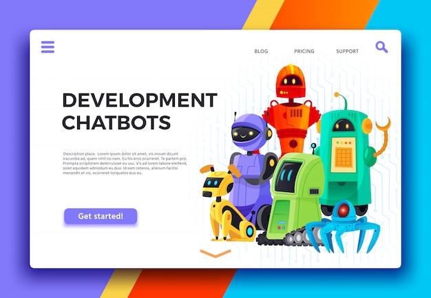 Desenvolvimento de chatbots. assistente de chatbot digital, robôs amigáveis e ilustração de desenho animado de página de destino de robô de assistência