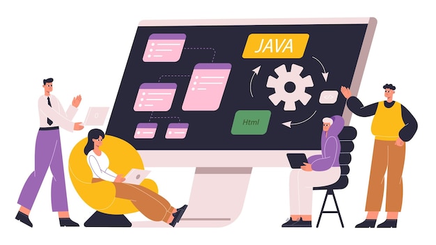 Desenvolvimento de programas, engenharia de software e conceito de design de jogos. os programadores de javascript e os escritores de script vector a ilustração plana. equipe de projeto de desenvolvimento de software. área de trabalho do aplicativo do sistema