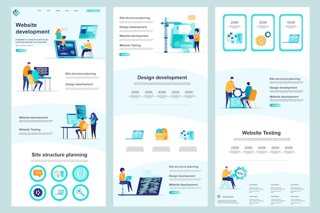 Desenvolvimento de site modelo de site plano de página de destino, conteúdo intermediário e rodapé