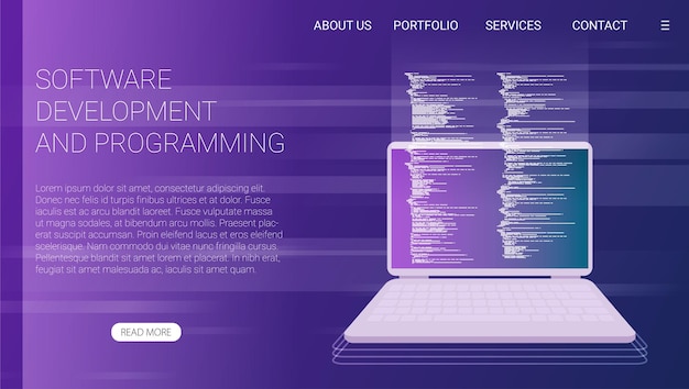 Vetor desenvolvimento de software e código de programa de programação na computação de processamento de big data de tela de laptop