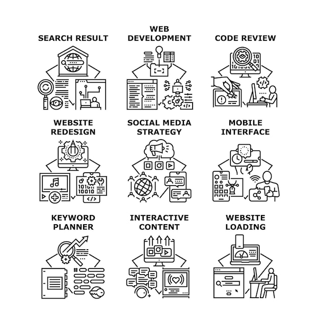 Desenvolvimento web conjunto de ilustrações vetoriais de ícones