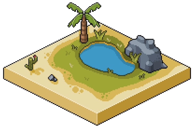 Deserto de oásis isométrico de pixel art com cenário de jogo de bits de lago, grama, palmeira, cactos e pedras