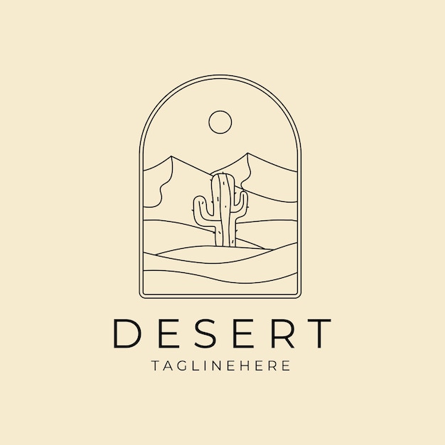 Deserto de paisagem com logotipo de crachá de cacto linha arte vetor ícone símbolo ilustração design gráfico