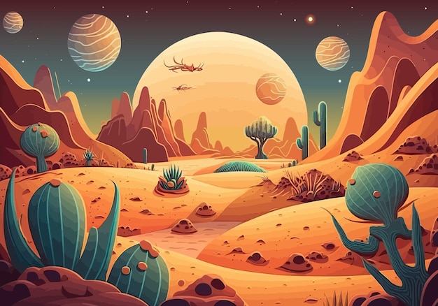 Deserto em um planeta distante esquema de cores quentes astronauta plano Generative AI solo explorar galáxiaasteróides montanhas civilizações extraterrestres rochas conceito de fantasia ilustração vetorial