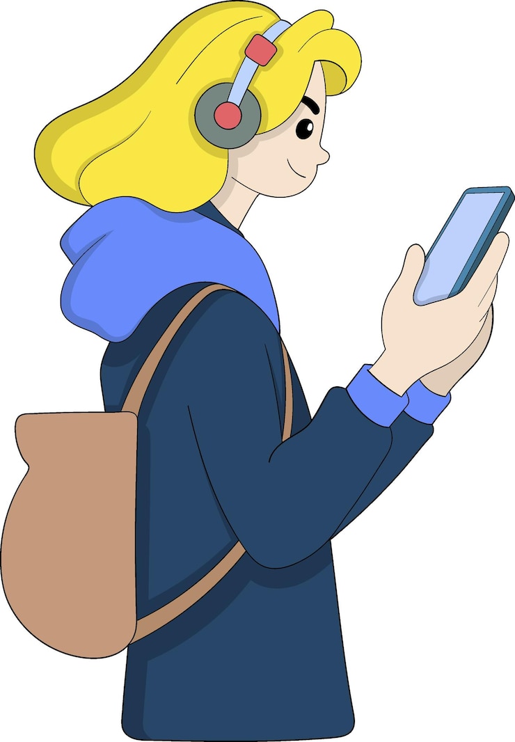 Vetor desfrutando de entretenimento musical através de smartphone com jovem usando fones de ouvido em ilustração de estilo de desenho animado