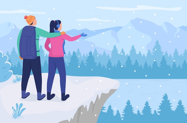 Desfrutando de ilustração vetorial de cor plana de inverno vista para a montanha. namorado, namorada em uma caminhada. casal dançando junto com personagens de desenhos animados 2d no pico da colina com deslizamentos de inverno no fundo