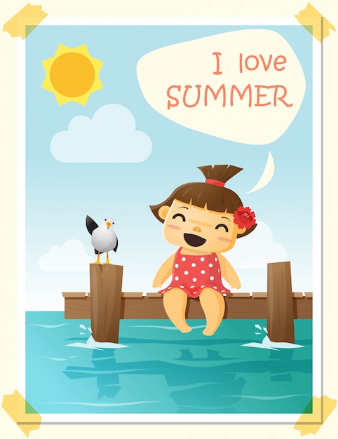Desfrute de férias de verão tropical com garotinha