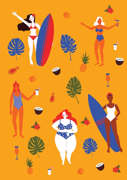 Desfrute de mulheres na praia com pranchas de surf. mulheres de etnia diferente em trajes de banho comemoram a diversidade. cartão do dia internacional da mulher ou panfleto.