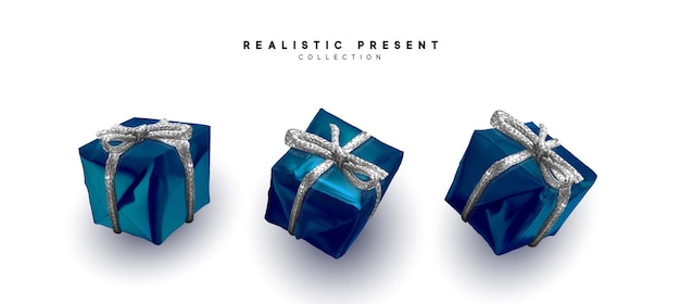 Design 3d realista de caixa de presente azul. ilustração vetorial
