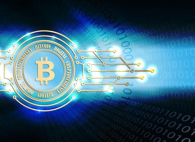 Design abstrato azul com sinal de bitcoin e silhueta de um conjunto de números