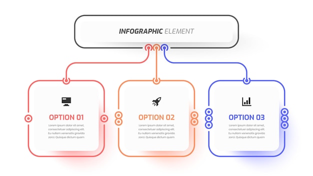 Design abstrato de modelo de fluxograma de infográfico de negócios com ícone de etiqueta quadrada e 3 opções