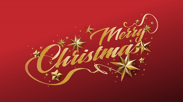 Design caligráfico de feliz natal e decorado com estrelas douradas
