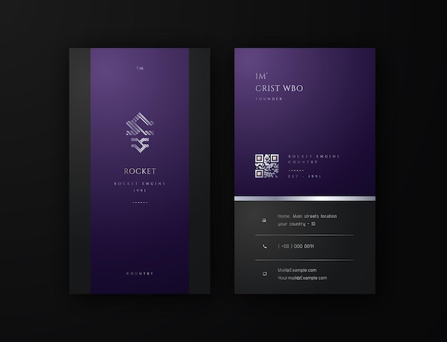 Vetor design cativante de cartão de visita vertical em fundo preto e roxo com código qr