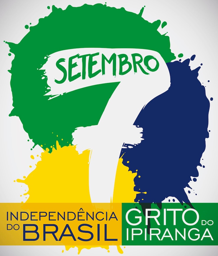 Vetor design colorido com as cores da bandeira brasileira como salpicos formando a data do dia da independência do brasil