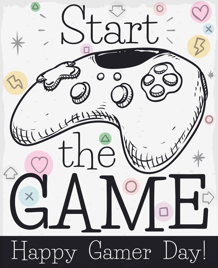 Vetor design com controlador de jogo em estilo desenhado à mão e alguns rabiscos em torno dele para comemorar o dia do gamer
