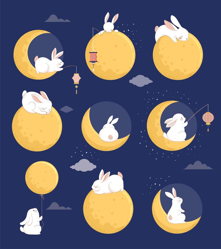 Vetor design conceitual do festival do meio outono com coelhos bonitos, coelhinhos e ilustrações da lua celebração do festival de bolo de lua chinês, coreano e asiático
