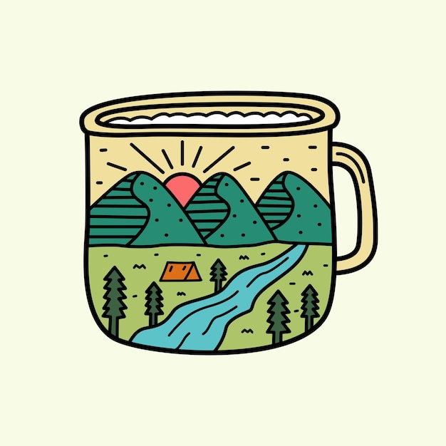 Design de acampamento de montanha de natureza e sol de lado em moldura de copo para design de camiseta de remendo de adesivo de crachá etc