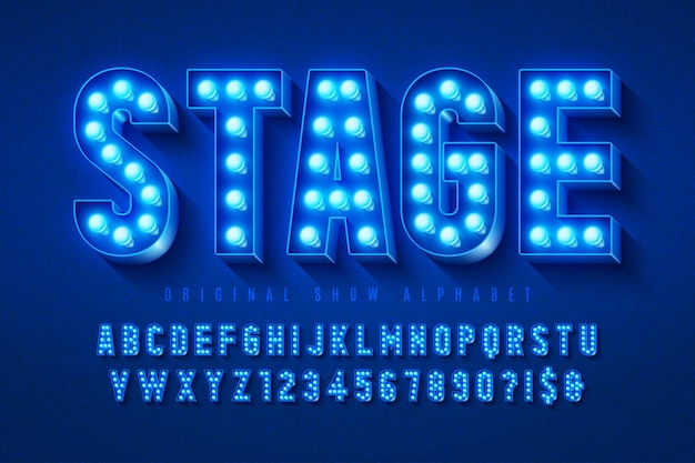 Design de alfabeto de cinema retrô, cabaré, letras e números de lâmpadas LED.