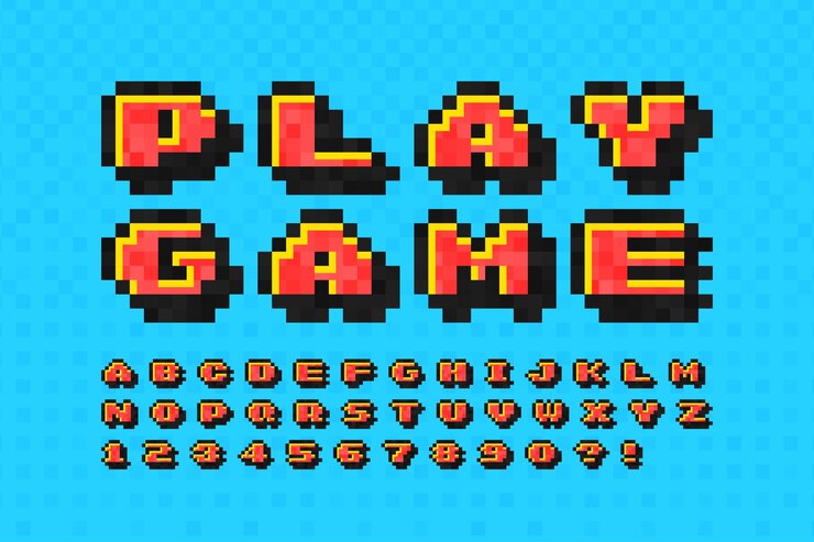 Vetor design de alfabeto vetorial de pixel estilizado como em jogos de 8 bits alto contraste e retrofuturismo afiado