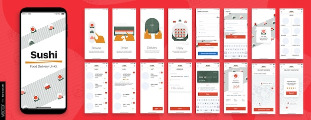 Vetor design de aplicativo móvel, ui, ux, gui mockups set. digite login e senha e uma tela