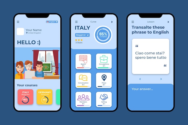 Vetor design de aplicativo para aprender idiomas design de interface de usuário muito bom