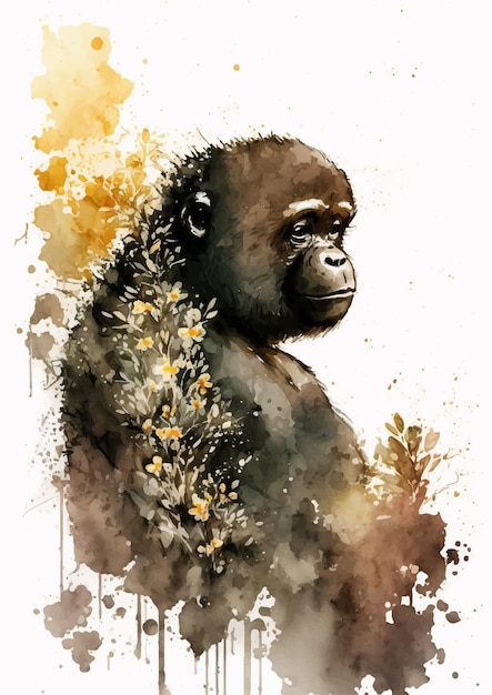 Design de aquarela gorila em vermelho radiante e cores douradas